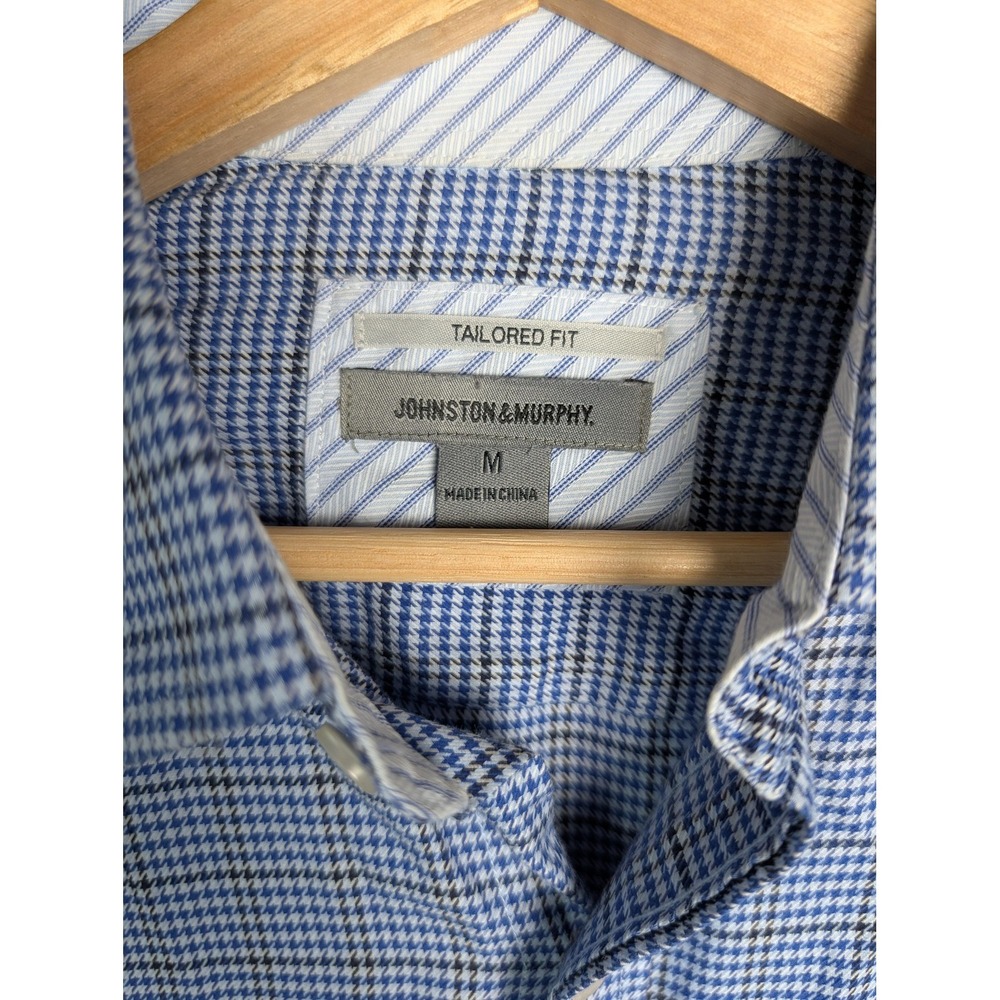 Johnston & Murphy Shirt Mens Medium Blue Houndstooth Long Sleeve Button Up - Picture 3 of 8
